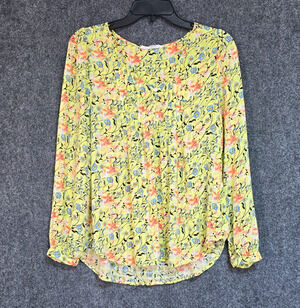 Jane + Delancey Womens M Yellow Multicolor Floral Button Front Rayon Blouse